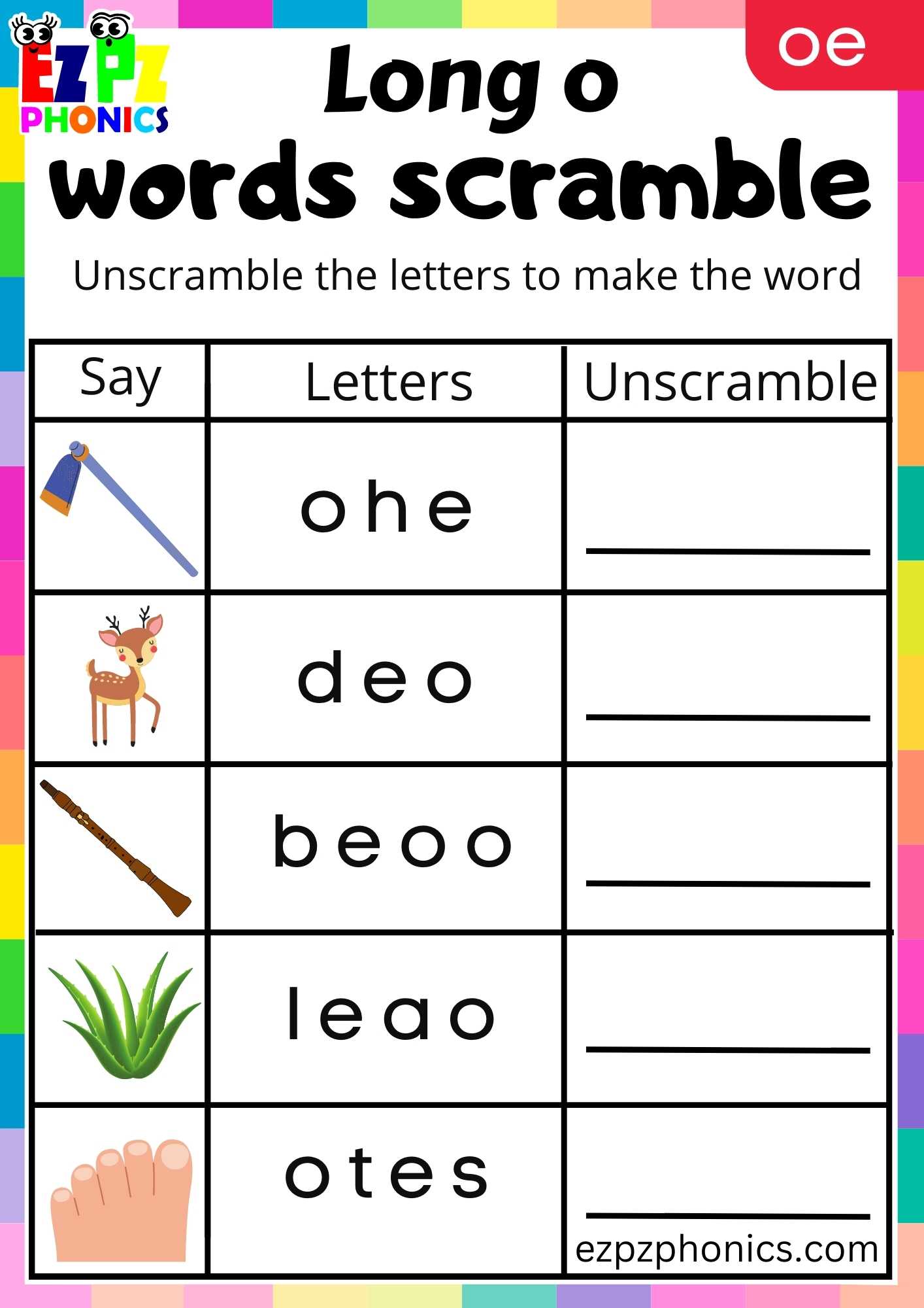 OE Words Words Scramble Long O Phonics Worksheet